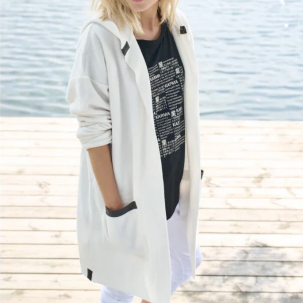 CARDIGAN WITH HOOD OFF WHITE CHARCOAL TRIM SIZE L